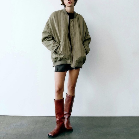 Zara Water Repellent Oversized Bomber Jacket Khaki NWT - Picture 2 of 7